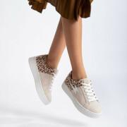 Women's sneakers Vanessa Wu éclair bi-matière beige et léopard